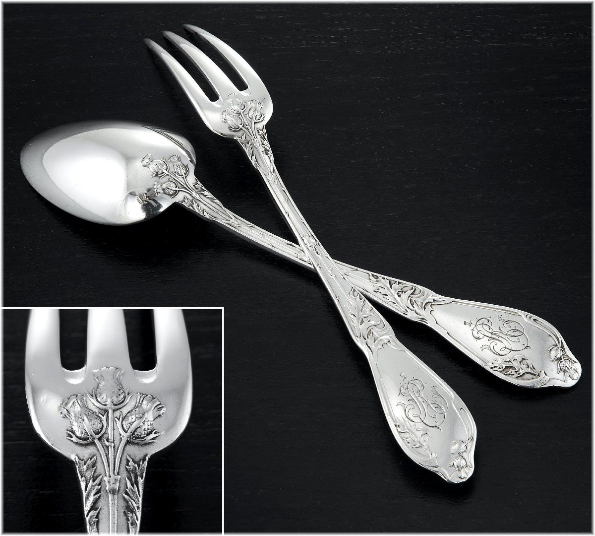 Boulenger : Art Nouveau Sterling Silver Flatware Set  -thistle Pattern-photo-2