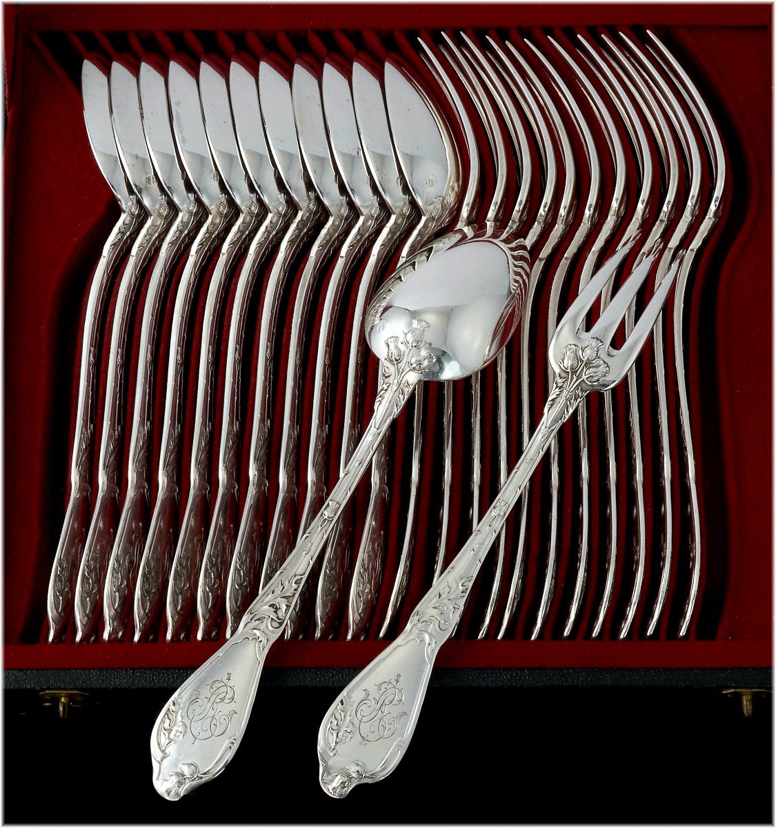 Boulenger : Art Nouveau Sterling Silver Flatware Set  -thistle Pattern-photo-4