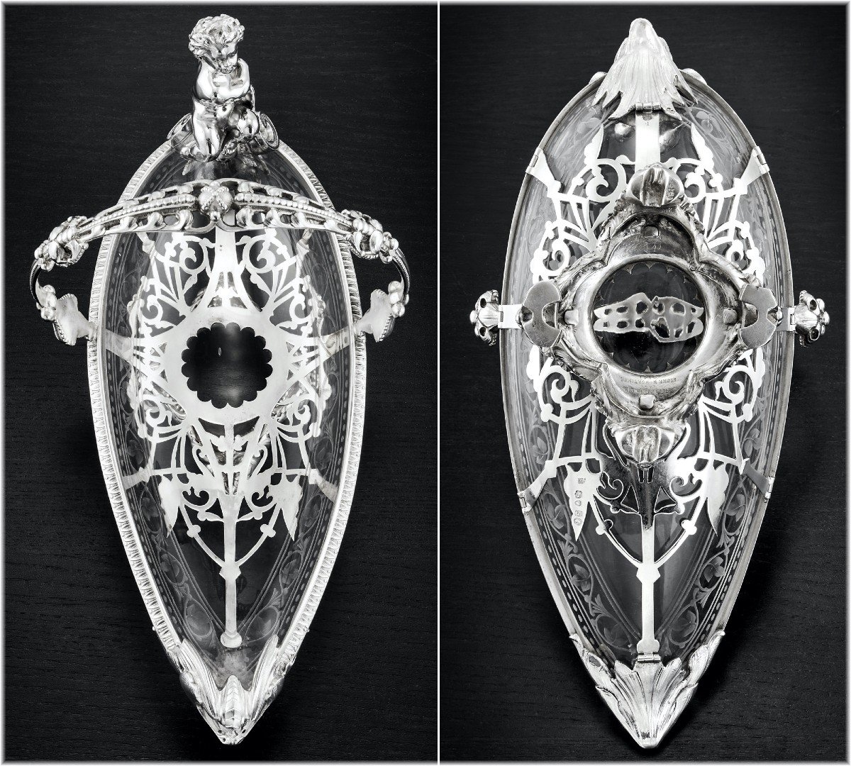 HUNT &amp; ROSKELL :  Rare Panier / Pr&eacute;sentoir en Argent massif Cristal Grav&eacute; Londres 1873 - PUTTO-photo-2