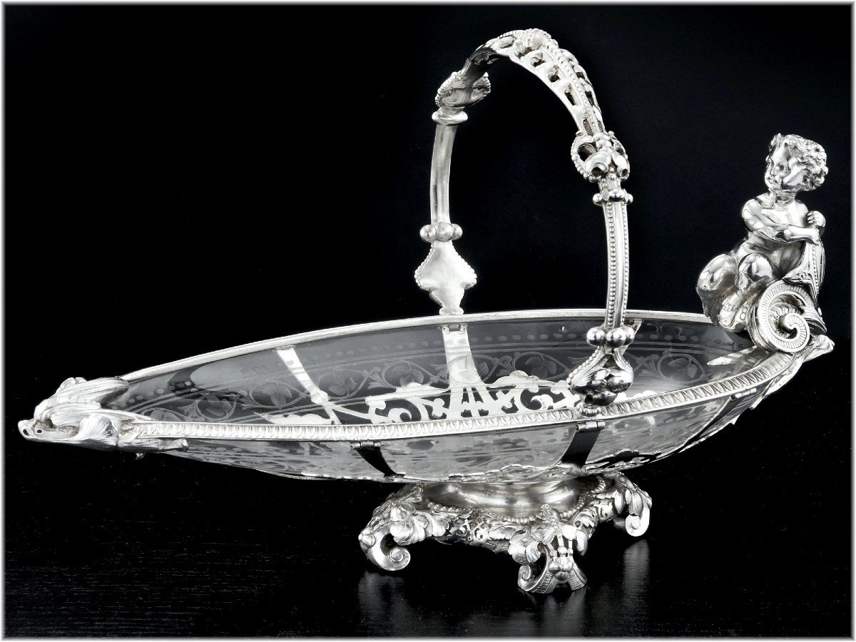 HUNT &amp; ROSKELL :  Rare Panier / Pr&eacute;sentoir en Argent massif Cristal Grav&eacute; Londres 1873 - PUTTO-photo-3