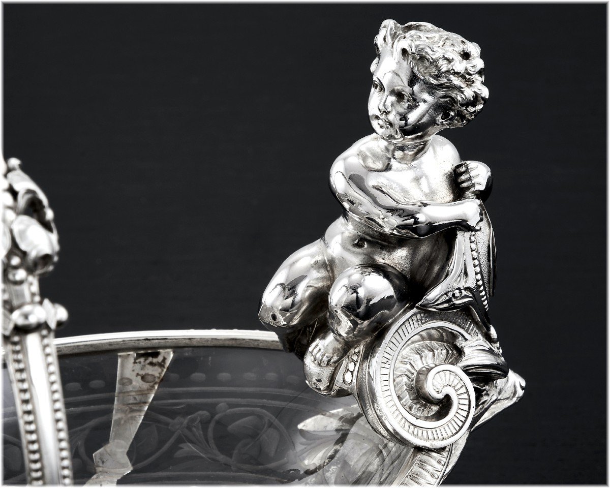 HUNT &amp; ROSKELL :  Rare Panier / Pr&eacute;sentoir en Argent massif Cristal Grav&eacute; Londres 1873 - PUTTO-photo-2