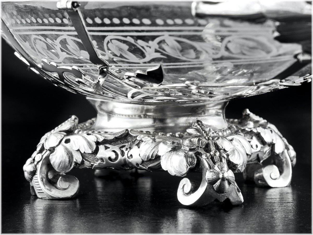 HUNT &amp; ROSKELL :  Rare Panier / Pr&eacute;sentoir en Argent massif Cristal Grav&eacute; Londres 1873 - PUTTO-photo-3