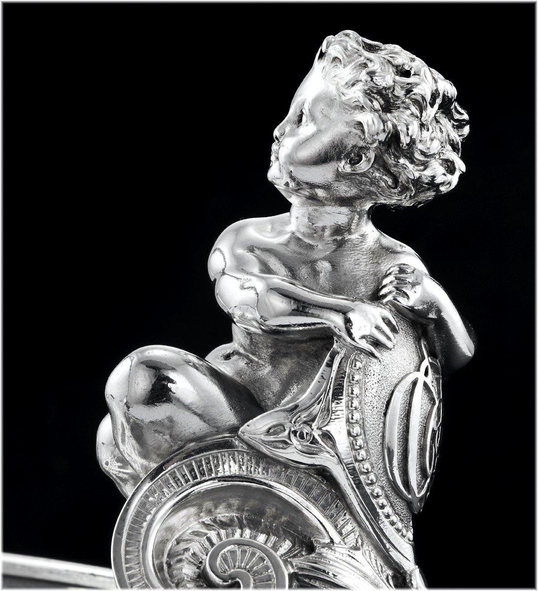 HUNT &amp; ROSKELL :  Rare Panier / Pr&eacute;sentoir en Argent massif Cristal Grav&eacute; Londres 1873 - PUTTO-photo-5