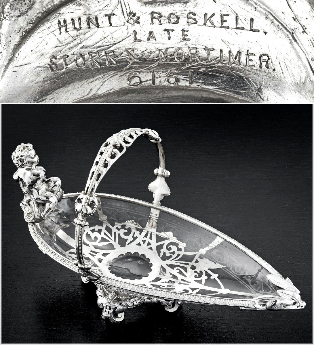 HUNT &amp; ROSKELL :  Rare Panier / Pr&eacute;sentoir en Argent massif Cristal Grav&eacute; Londres 1873 - PUTTO-photo-7