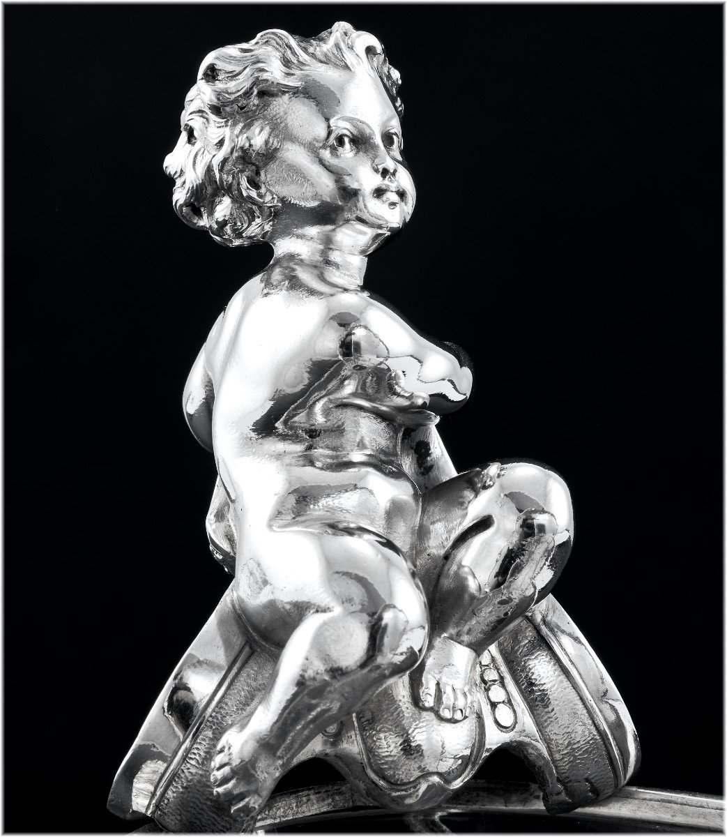 HUNT &amp; ROSKELL :  Rare Panier / Pr&eacute;sentoir en Argent massif Cristal Grav&eacute; Londres 1873 - PUTTO