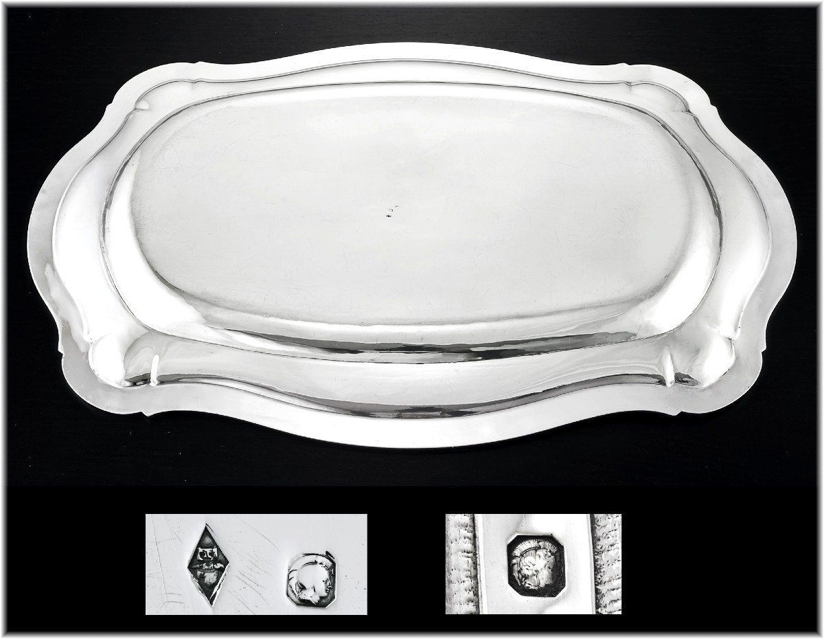 Puiforcat: Large Louis XV Style Rectangular Sterling Silver Tray  - Coat Of Arms - 50 Cm-photo-2