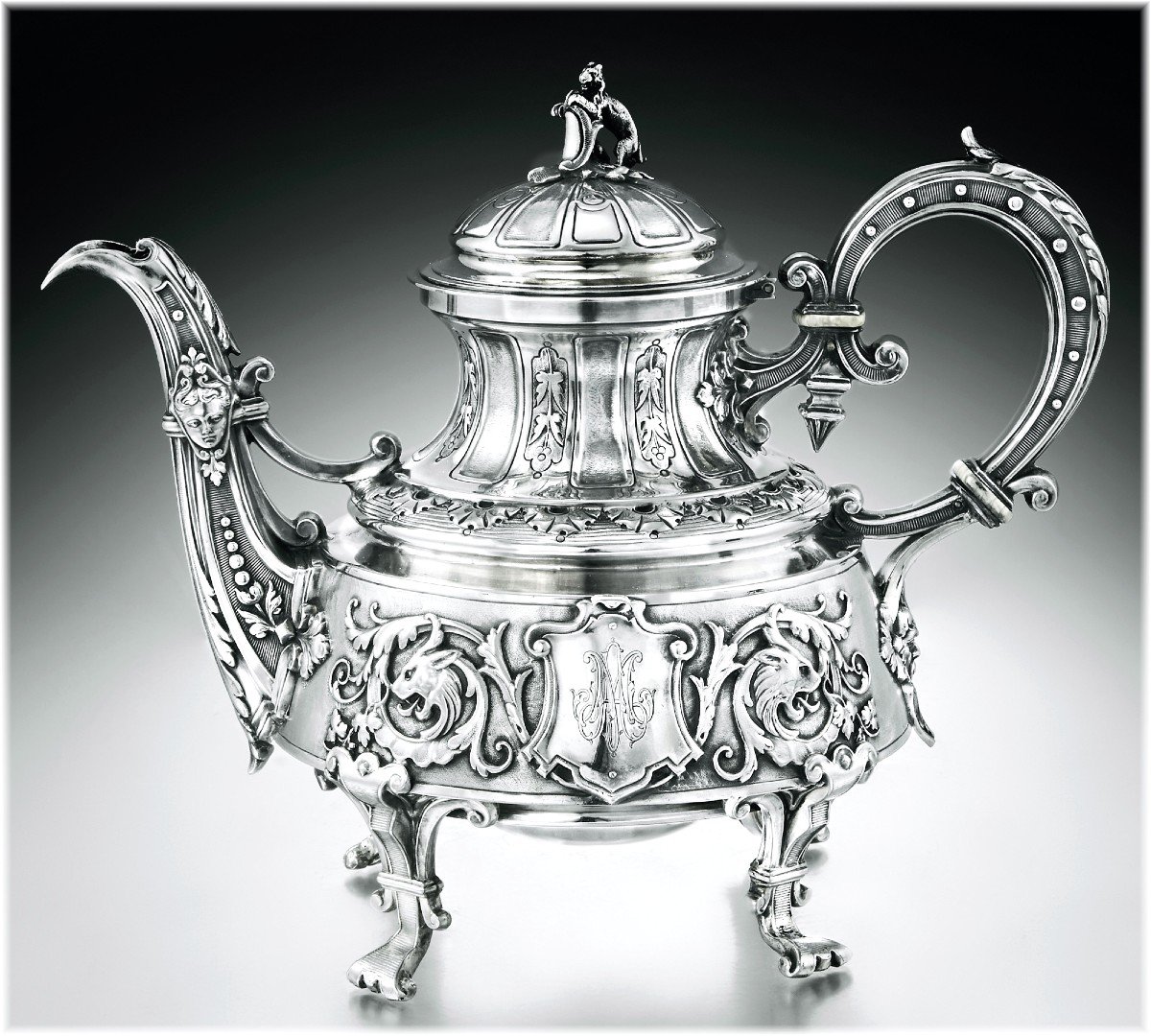 Doutre Roussel : Renaissance Style Sterling Silver Teapot - Griffons, Mascarons