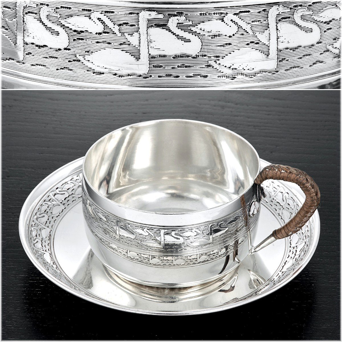 F. G. Grange : Antique Sterling Silver Cup & Saucer Set With Swan Decor