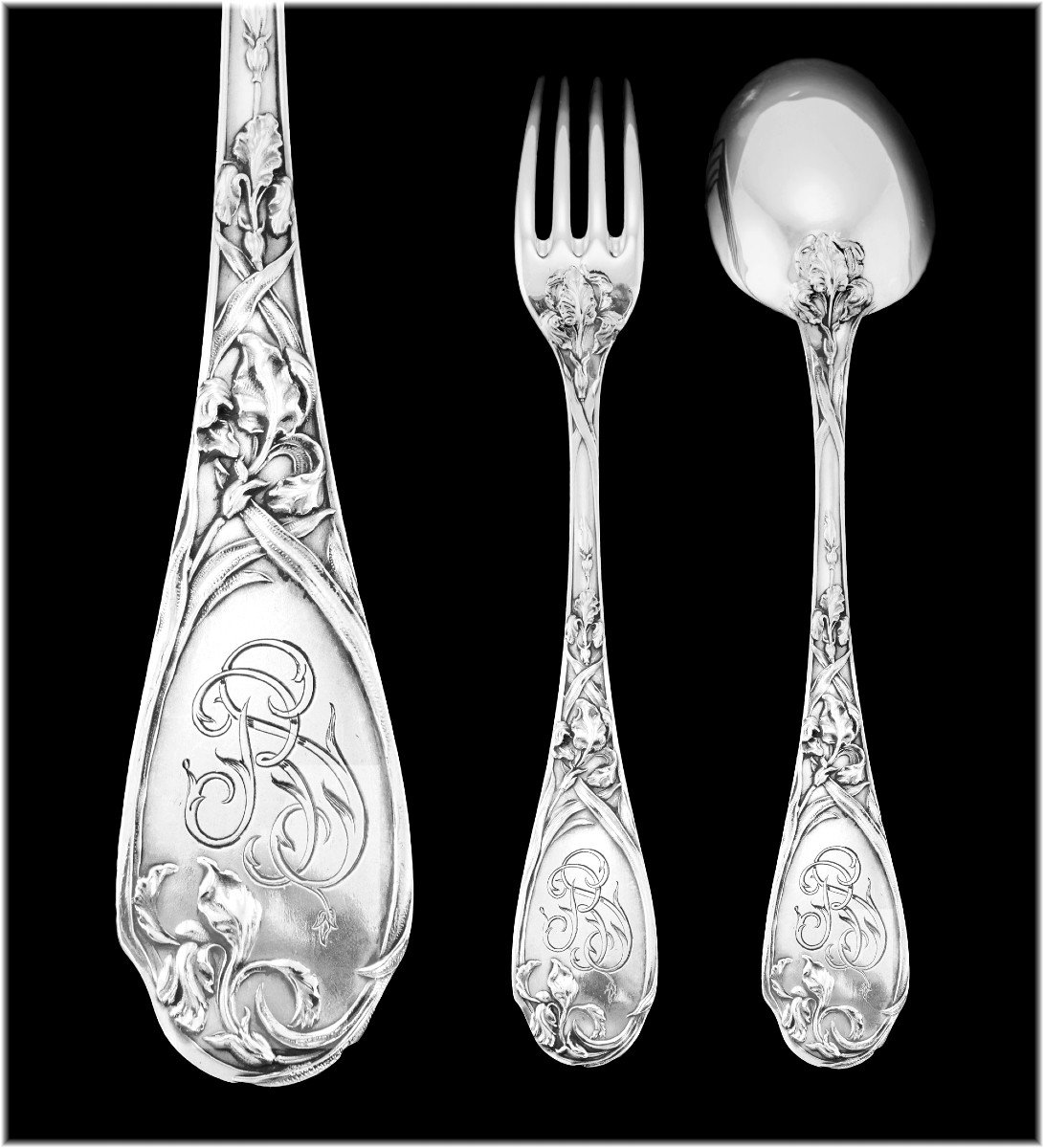 Emile Puiforcat : Rare Art Nouveau Flatware Set In Sterling Silver - Iris Pattern-photo-2