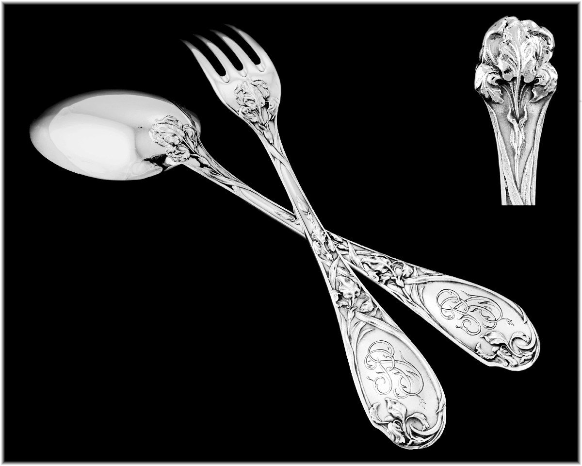 Emile Puiforcat : Rare Art Nouveau Flatware Set In Sterling Silver - Iris Pattern-photo-2