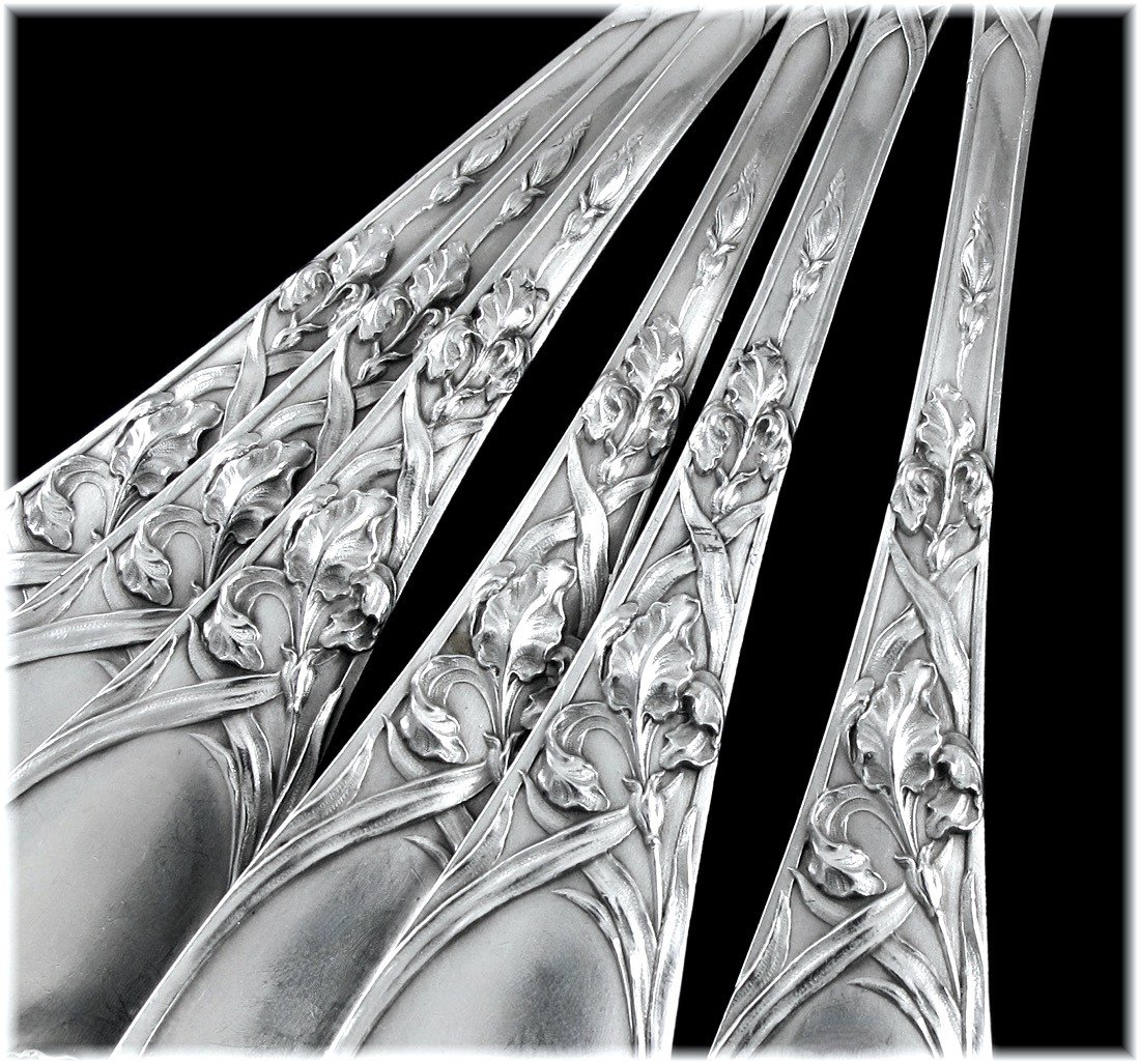 Emile Puiforcat : Rare Art Nouveau Flatware Set In Sterling Silver - Iris Pattern-photo-3