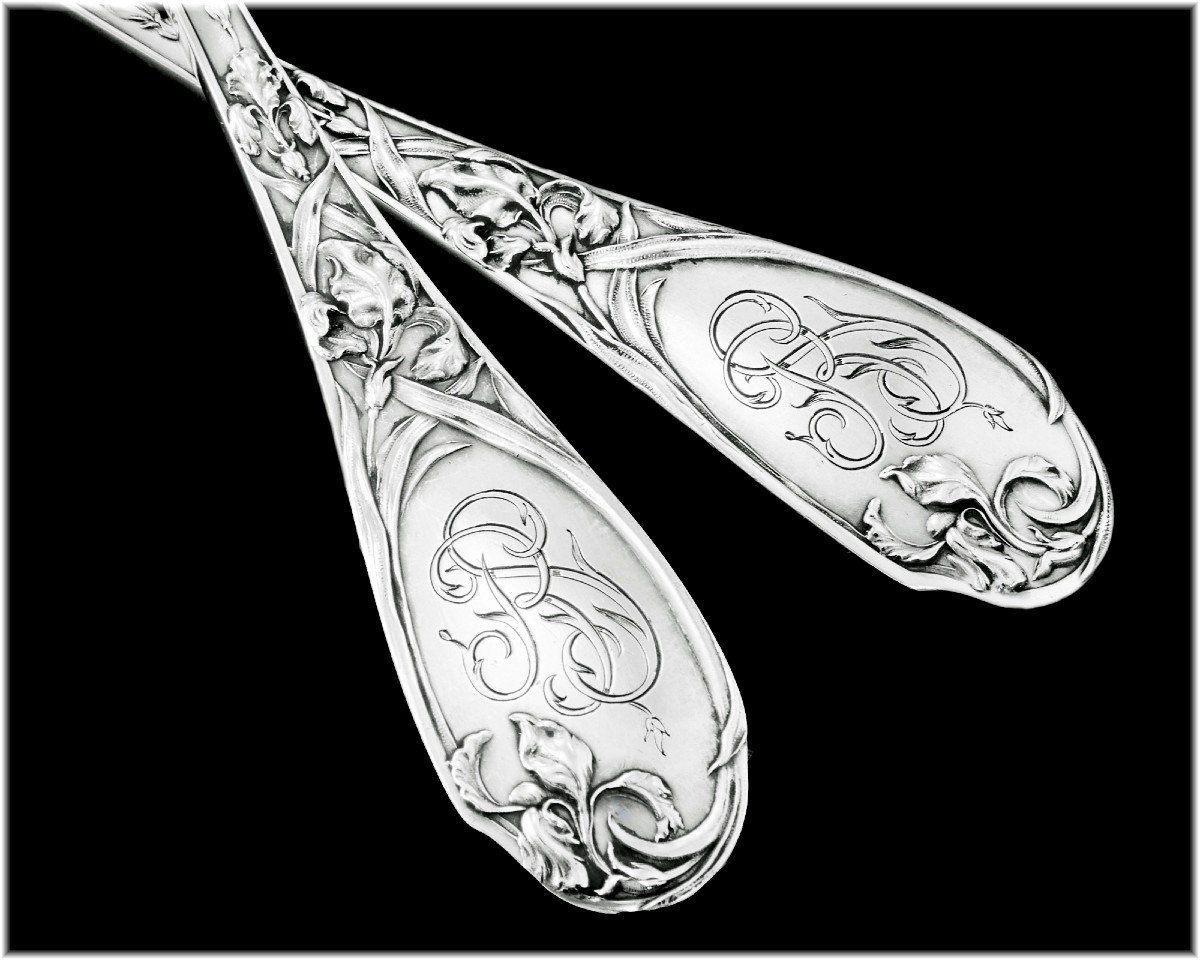 Emile Puiforcat : Rare Art Nouveau Flatware Set In Sterling Silver - Iris Pattern-photo-5