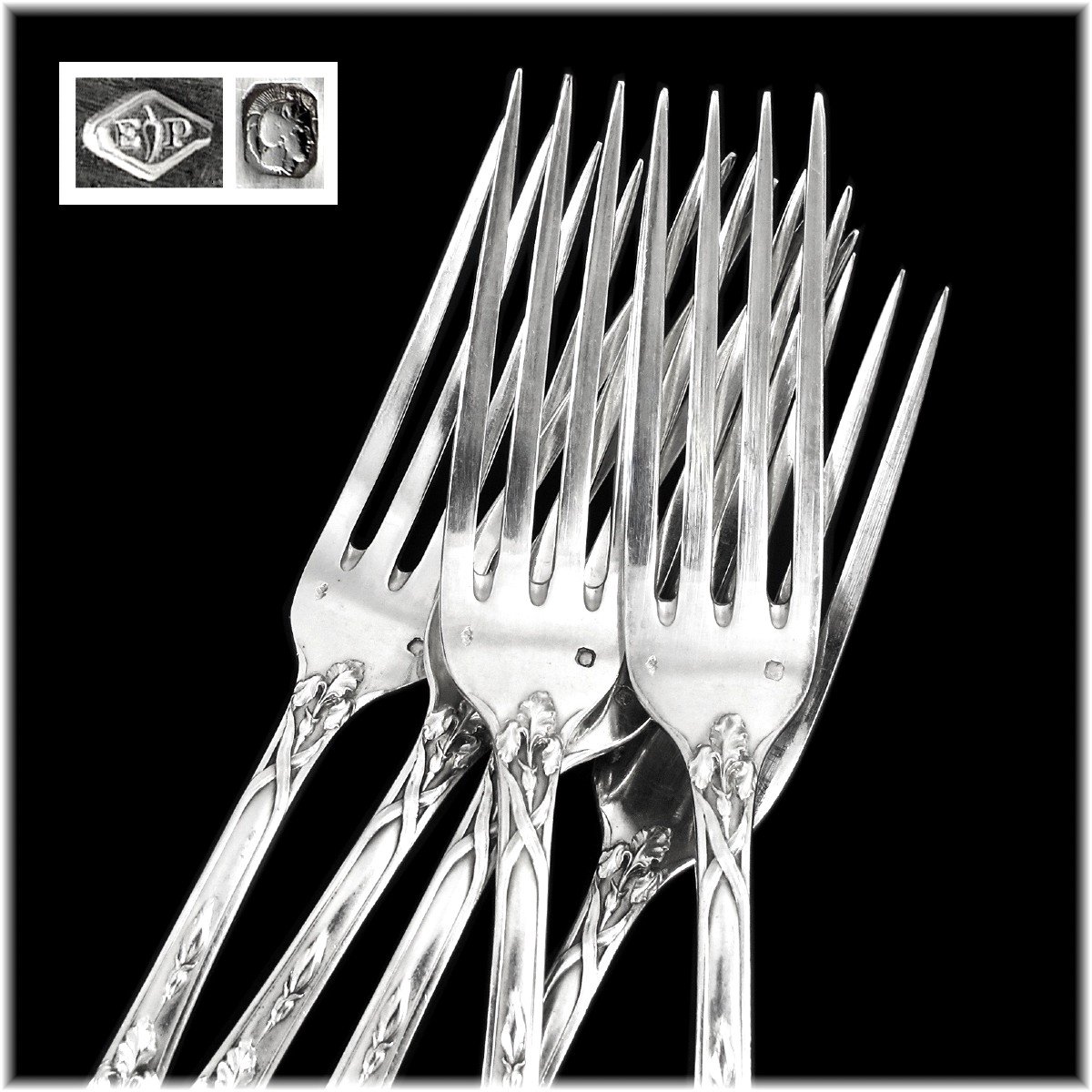 Emile Puiforcat : Rare Art Nouveau Flatware Set In Sterling Silver - Iris Pattern-photo-6