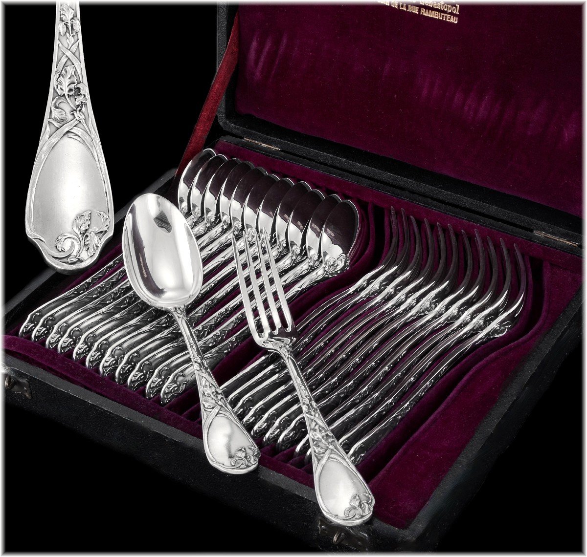 Emile Puiforcat : Rare Art Nouveau Flatware Set In Sterling Silver - Iris Pattern