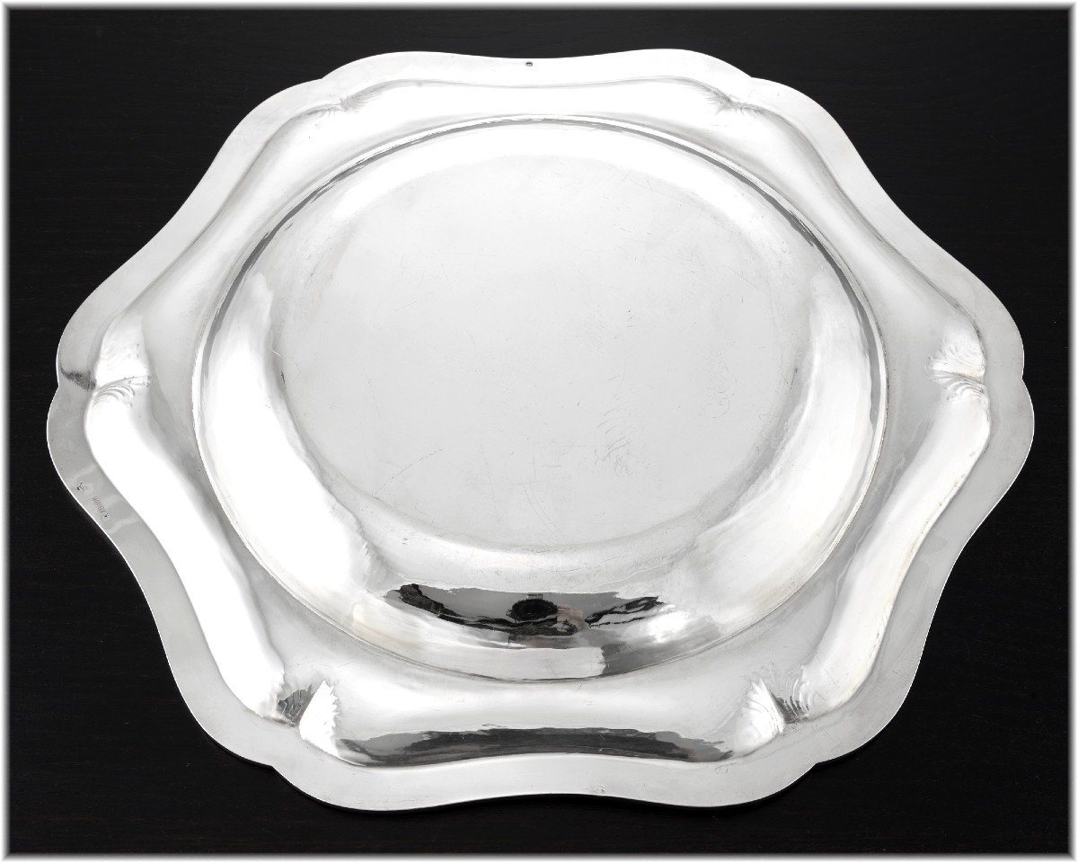 André Aucoc: Large French Sterling Silver Dish / Platter With Foliage Accents - Coat Of Arms-photo-1