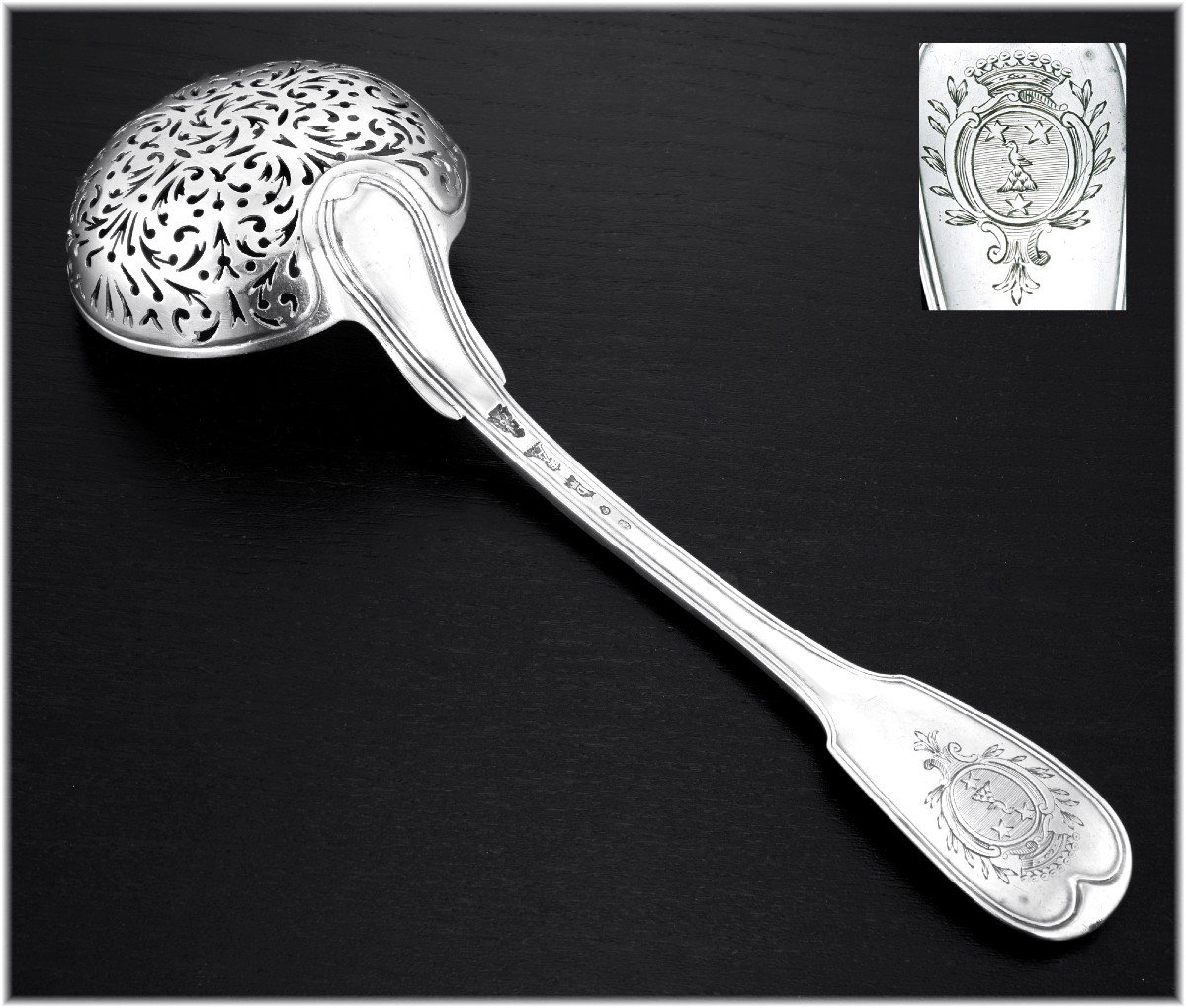 J L Allen : Rare 18th Century Solid Silver Sugar Sifter Spoon Paris 1779 - Coat Of Arms