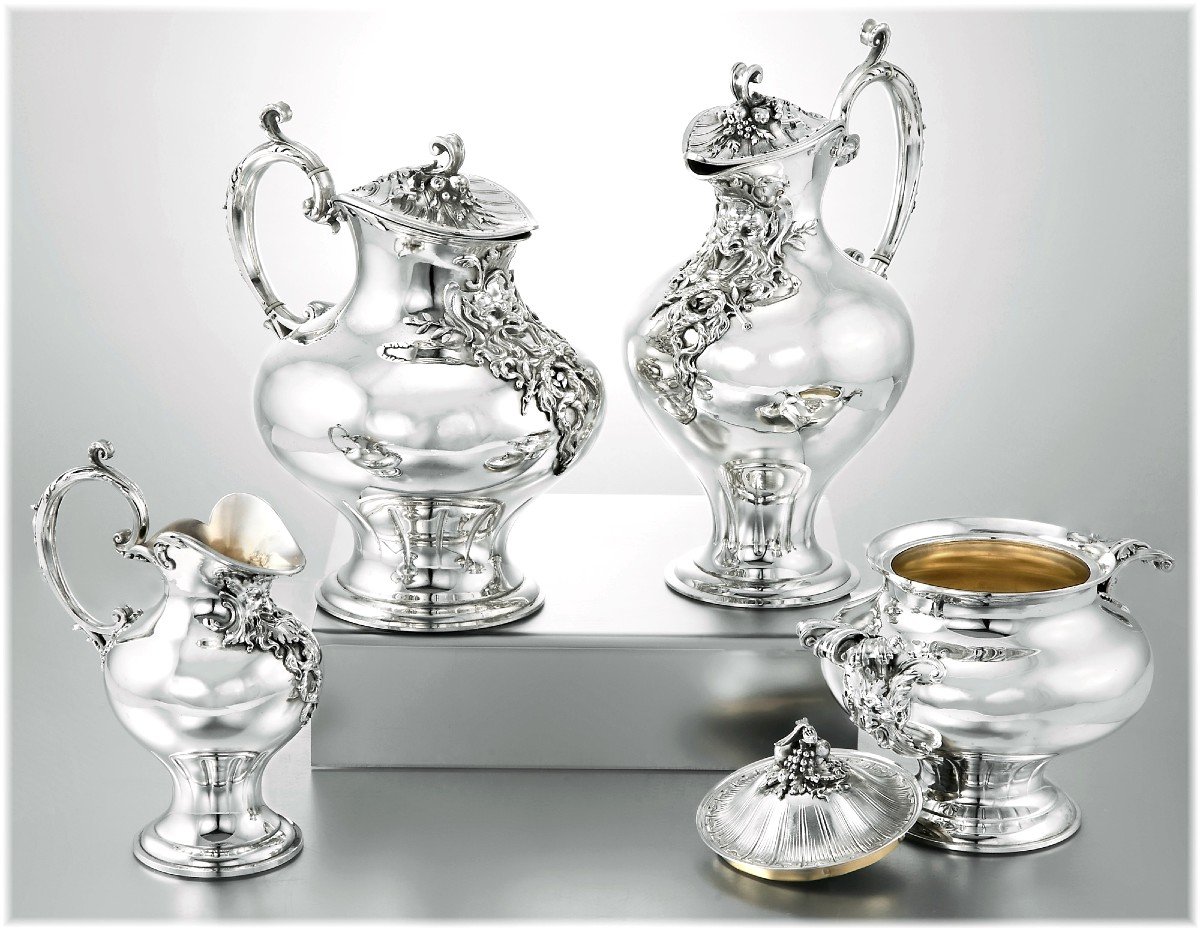 Cardeilhac : Large Sterling Silver & Vermeil Tea - Coffee Set With Mascarons / Fauns