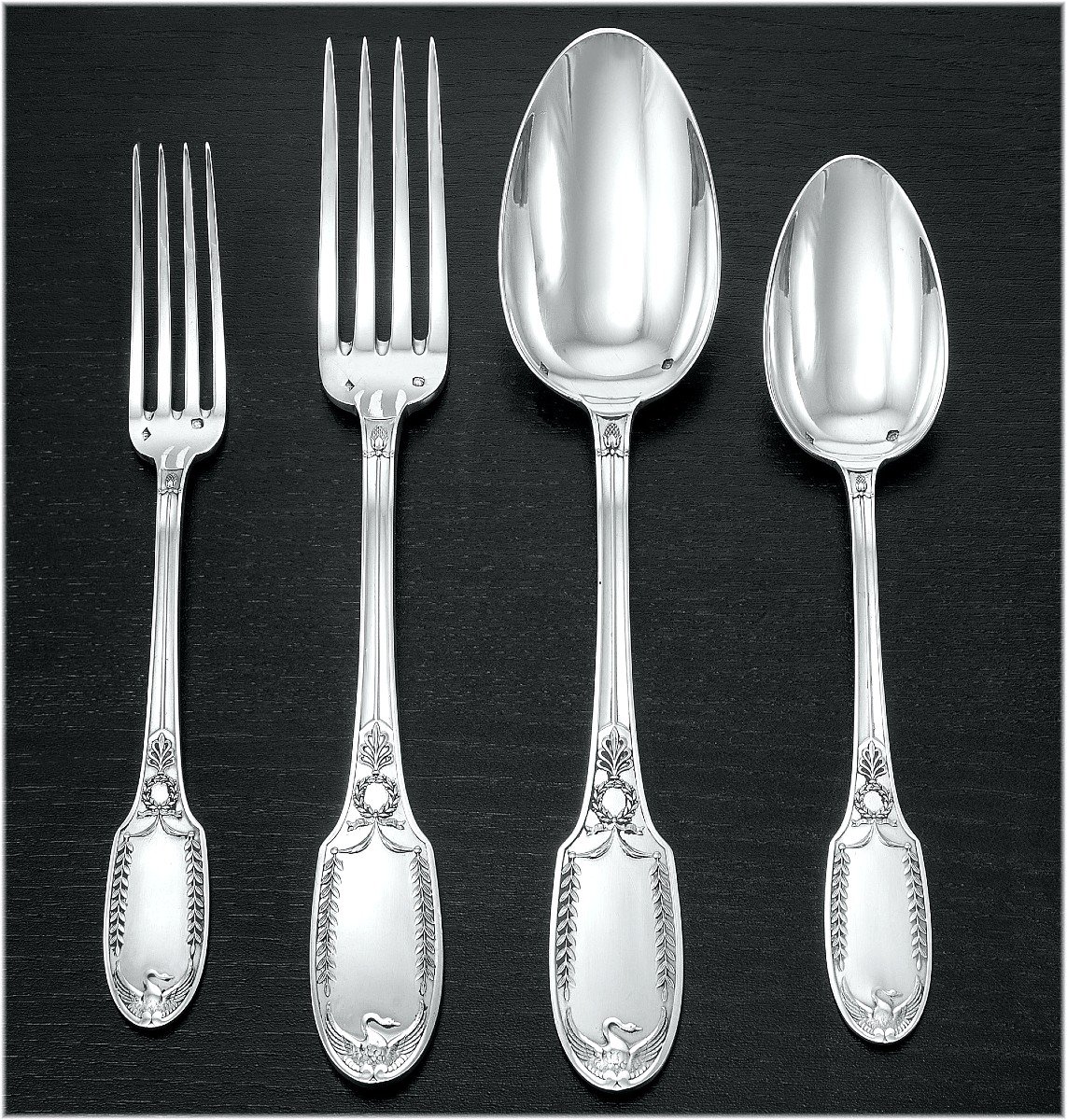 Puiforcat: Antique Empire Style Sterling Silver Flatware Set Swan Pattern, Wooden Boxes - 48pcs-photo-2