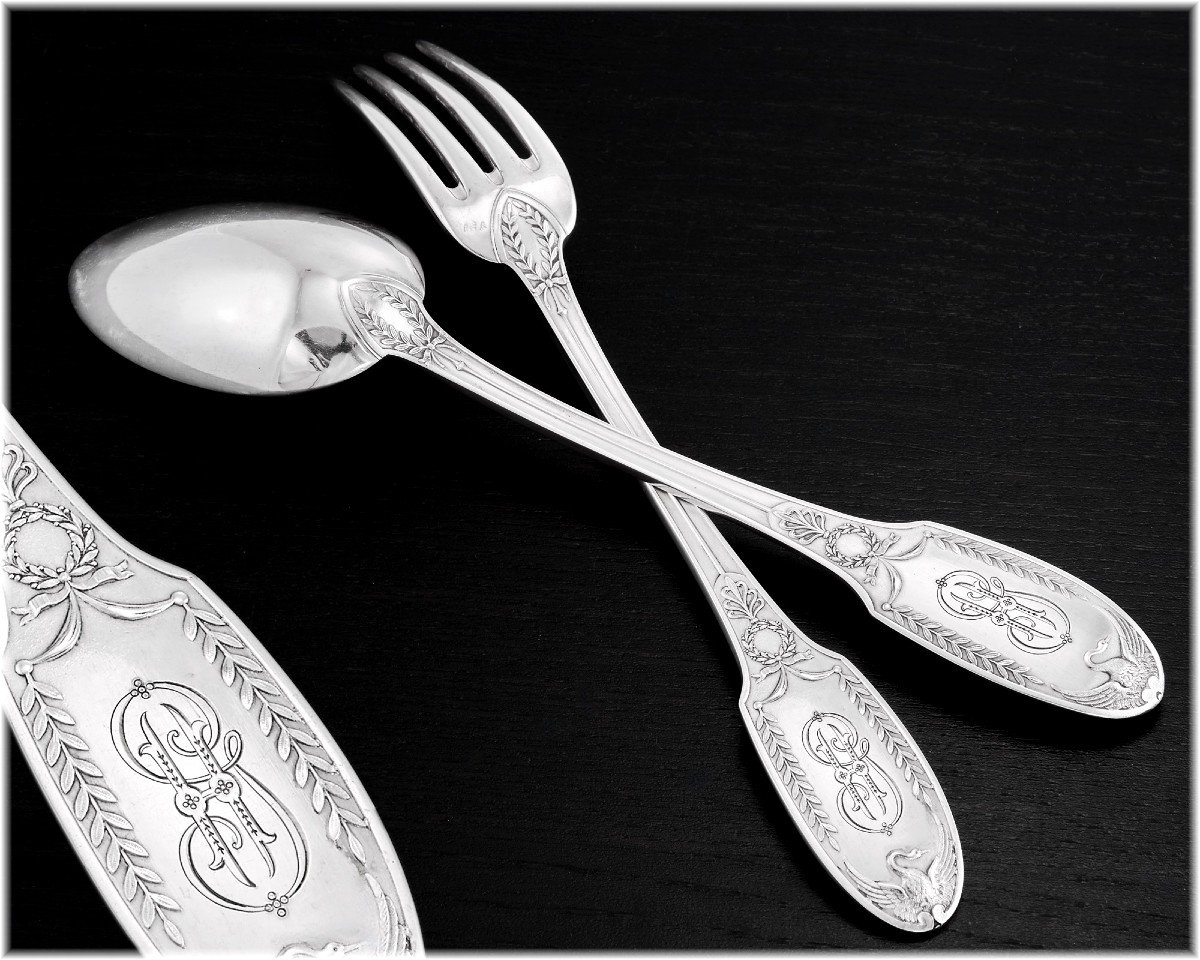 Puiforcat: Antique Empire Style Sterling Silver Flatware Set Swan Pattern, Wooden Boxes - 48pcs-photo-4