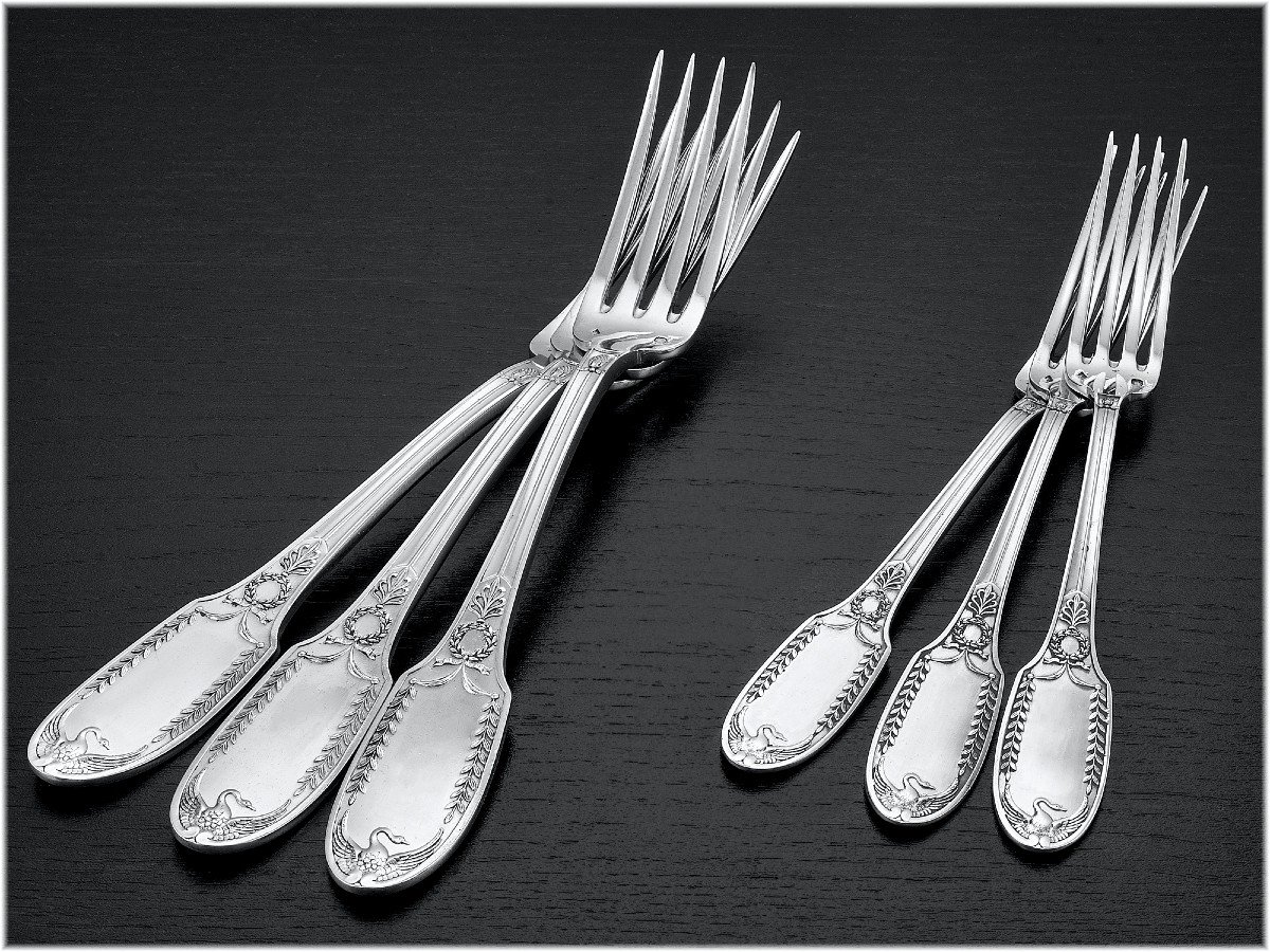 Puiforcat: Antique Empire Style Sterling Silver Flatware Set Swan Pattern, Wooden Boxes - 48pcs-photo-2