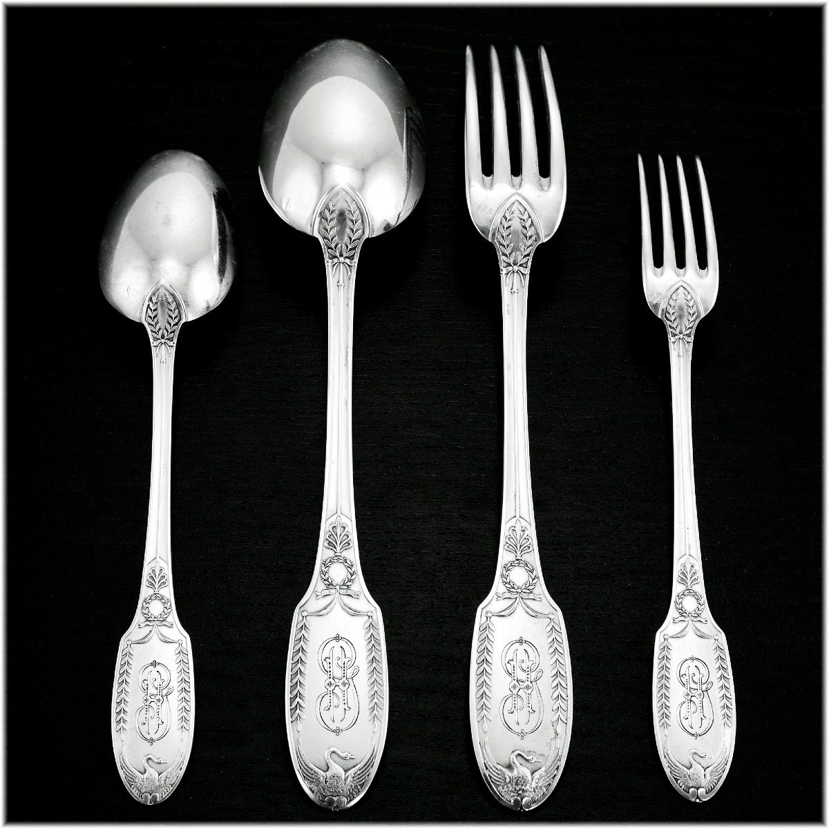 Puiforcat: Antique Empire Style Sterling Silver Flatware Set Swan Pattern, Wooden Boxes - 48pcs-photo-3