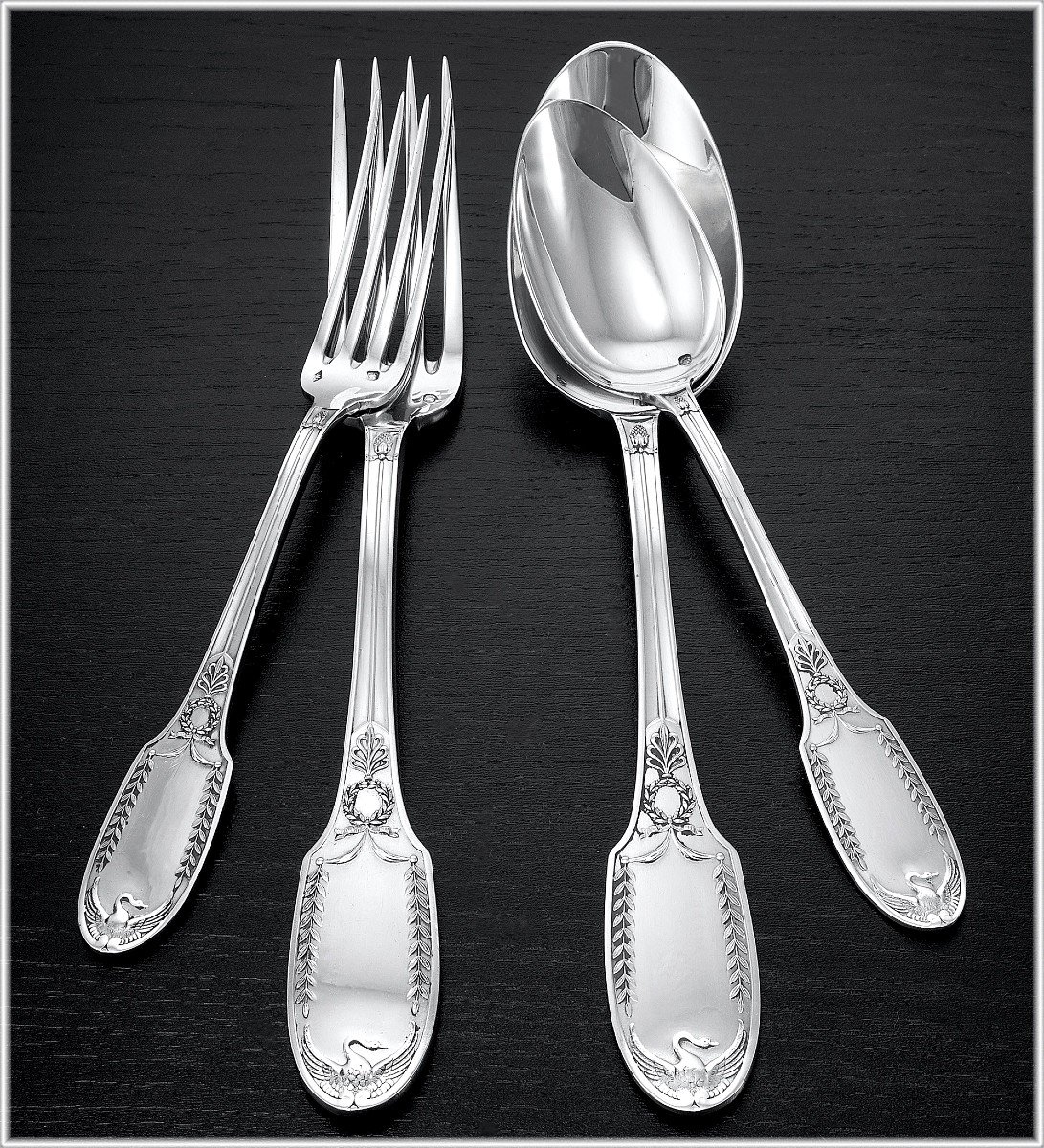 Puiforcat: Antique Empire Style Sterling Silver Flatware Set Swan Pattern, Wooden Boxes - 48pcs-photo-4