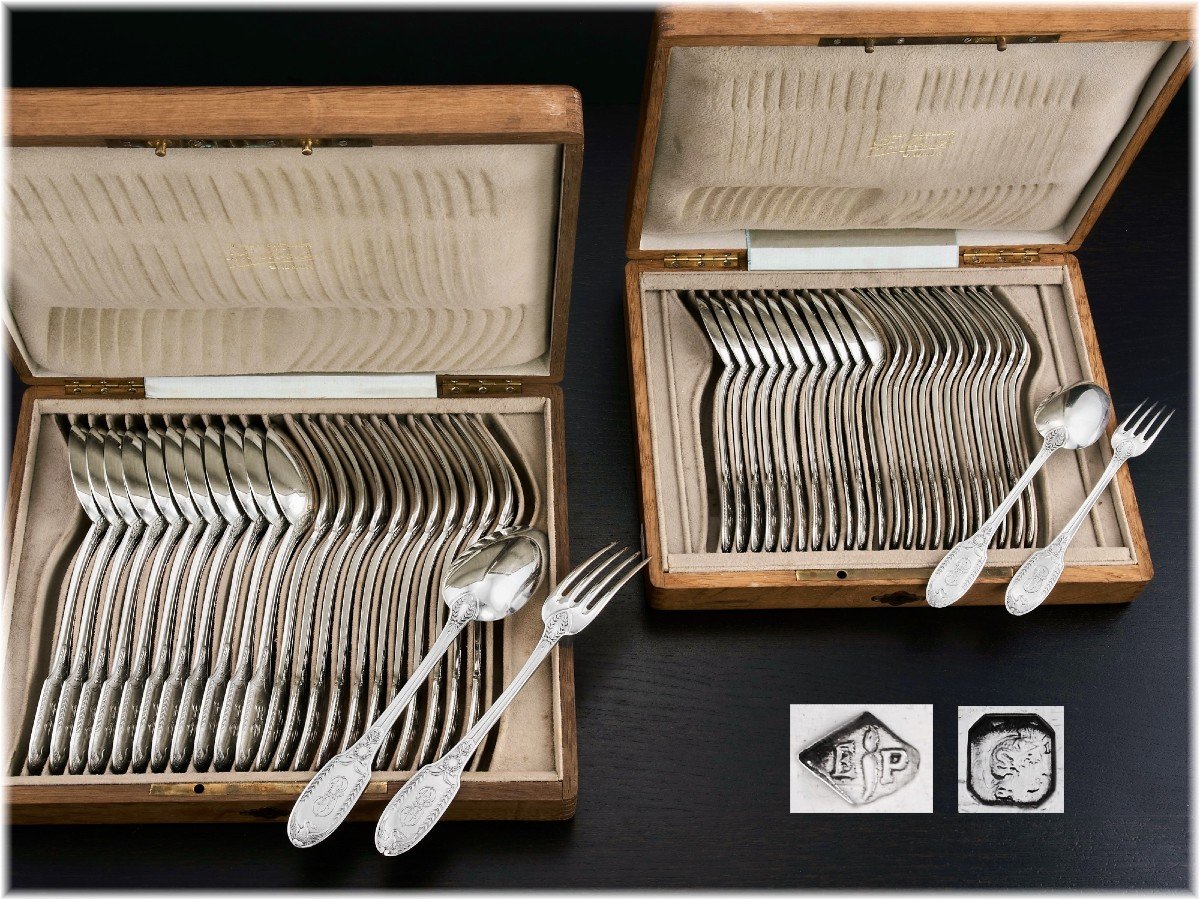 Puiforcat: Antique Empire Style Sterling Silver Flatware Set Swan Pattern, Wooden Boxes - 48pcs-photo-6