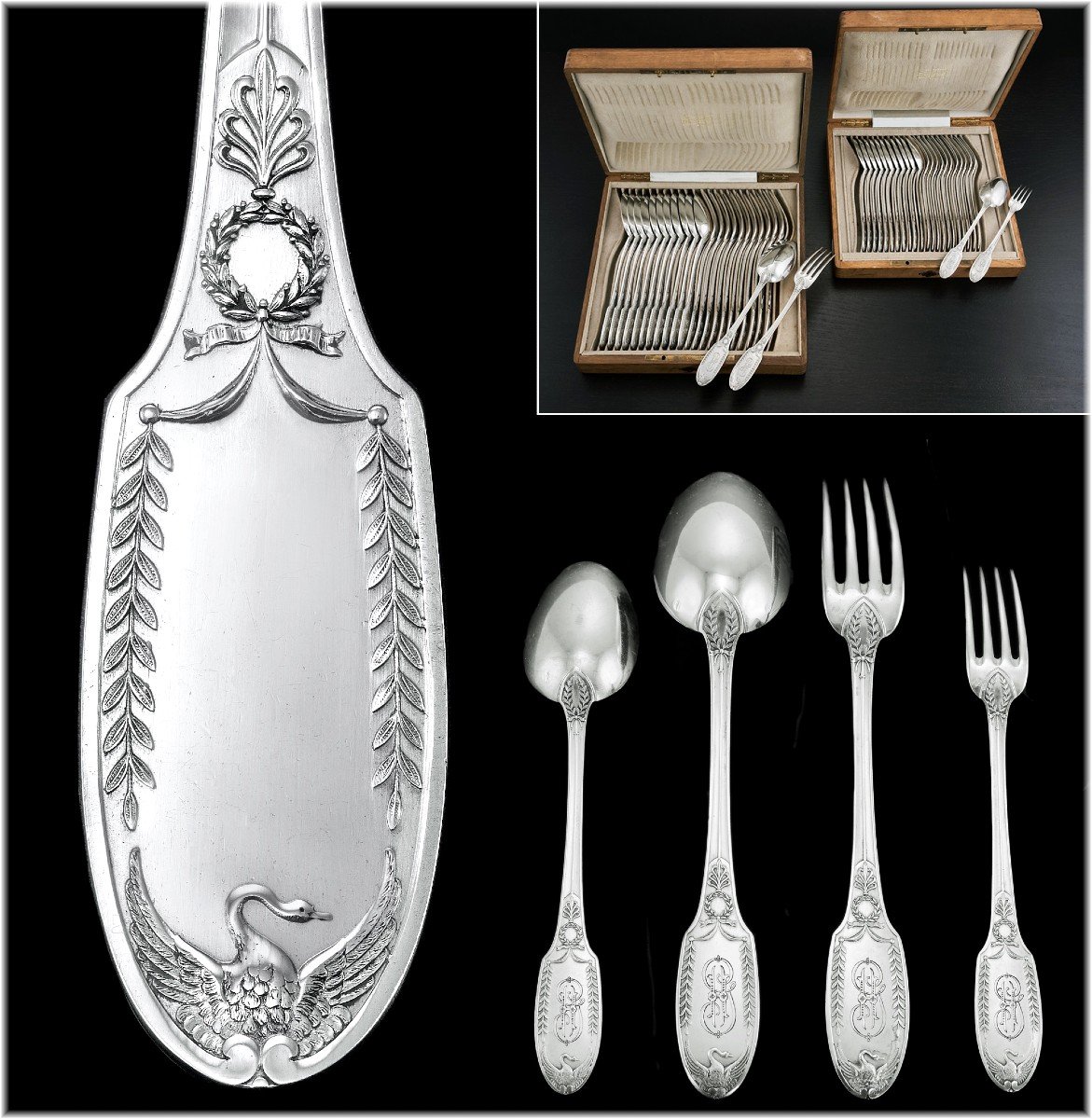 Puiforcat: Antique Empire Style Sterling Silver Flatware Set Swan Pattern, Wooden Boxes - 48pcs