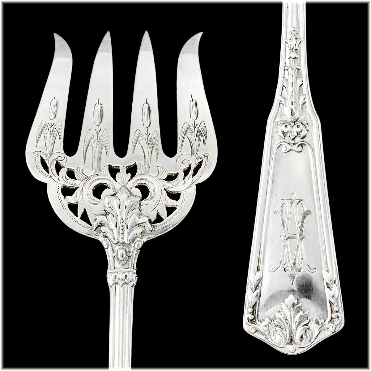 Henri Soufflot : French Sterling Silver Fish Serving Set With Dolphin Decor, "palmes" Pattern-photo-2