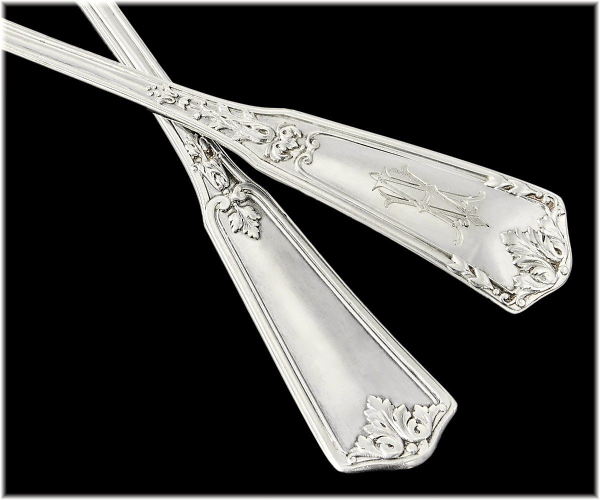 Henri Soufflot : French Sterling Silver Fish Serving Set With Dolphin Decor, "palmes" Pattern-photo-3