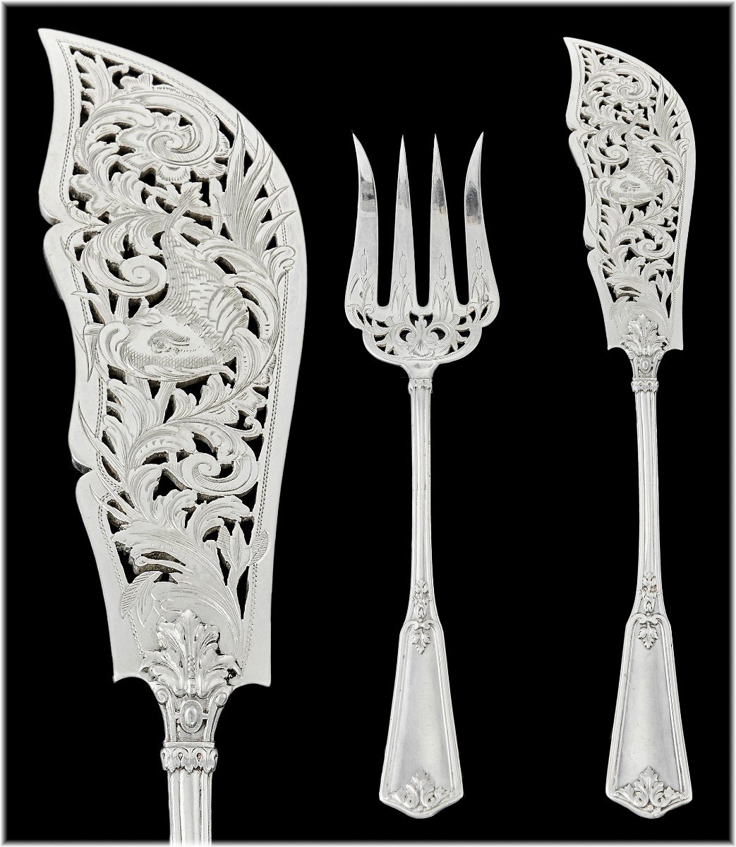 Henri Soufflot : French Sterling Silver Fish Serving Set With Dolphin Decor, "palmes" Pattern-photo-1