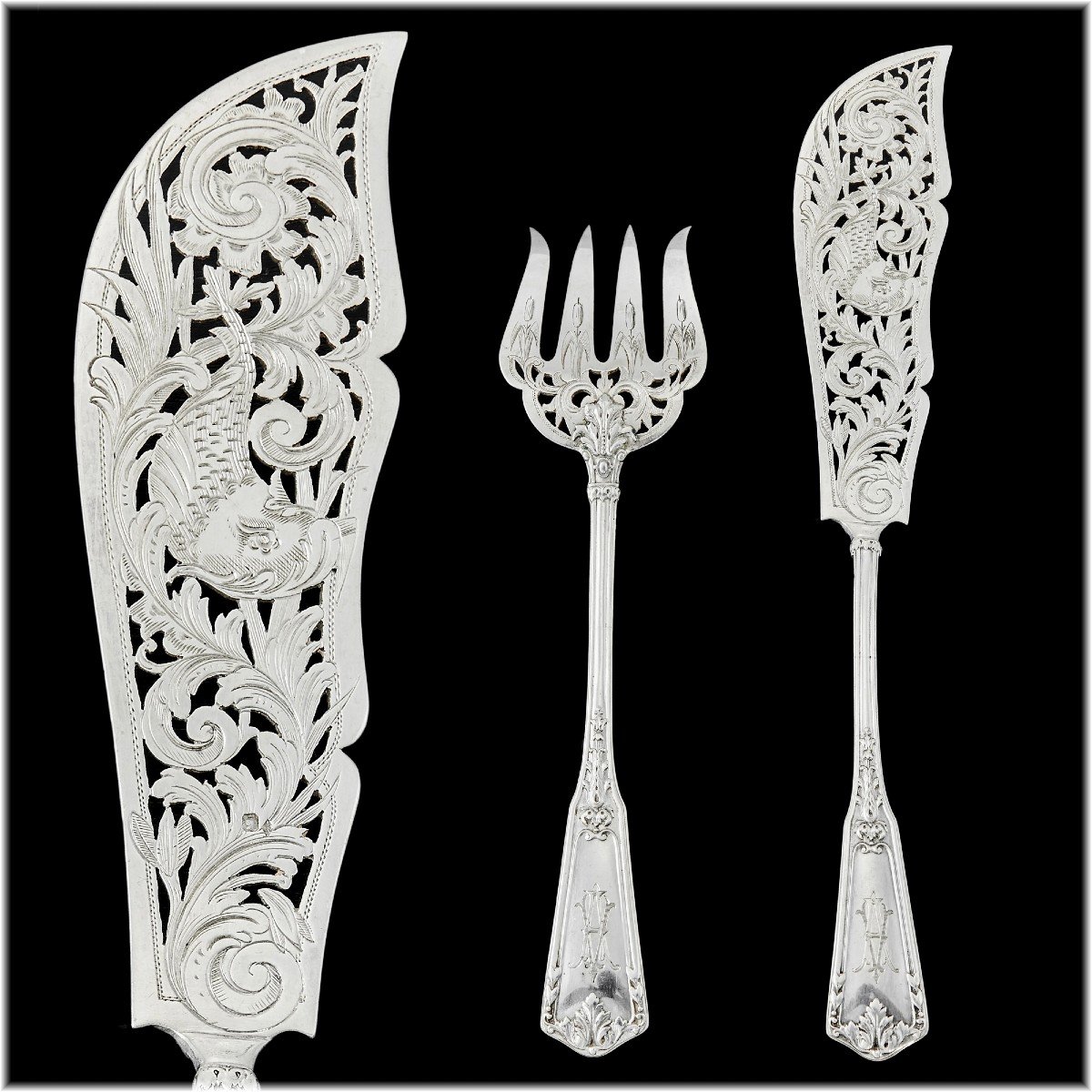 Henri Soufflot : French Sterling Silver Fish Serving Set With Dolphin Decor, "palmes" Pattern