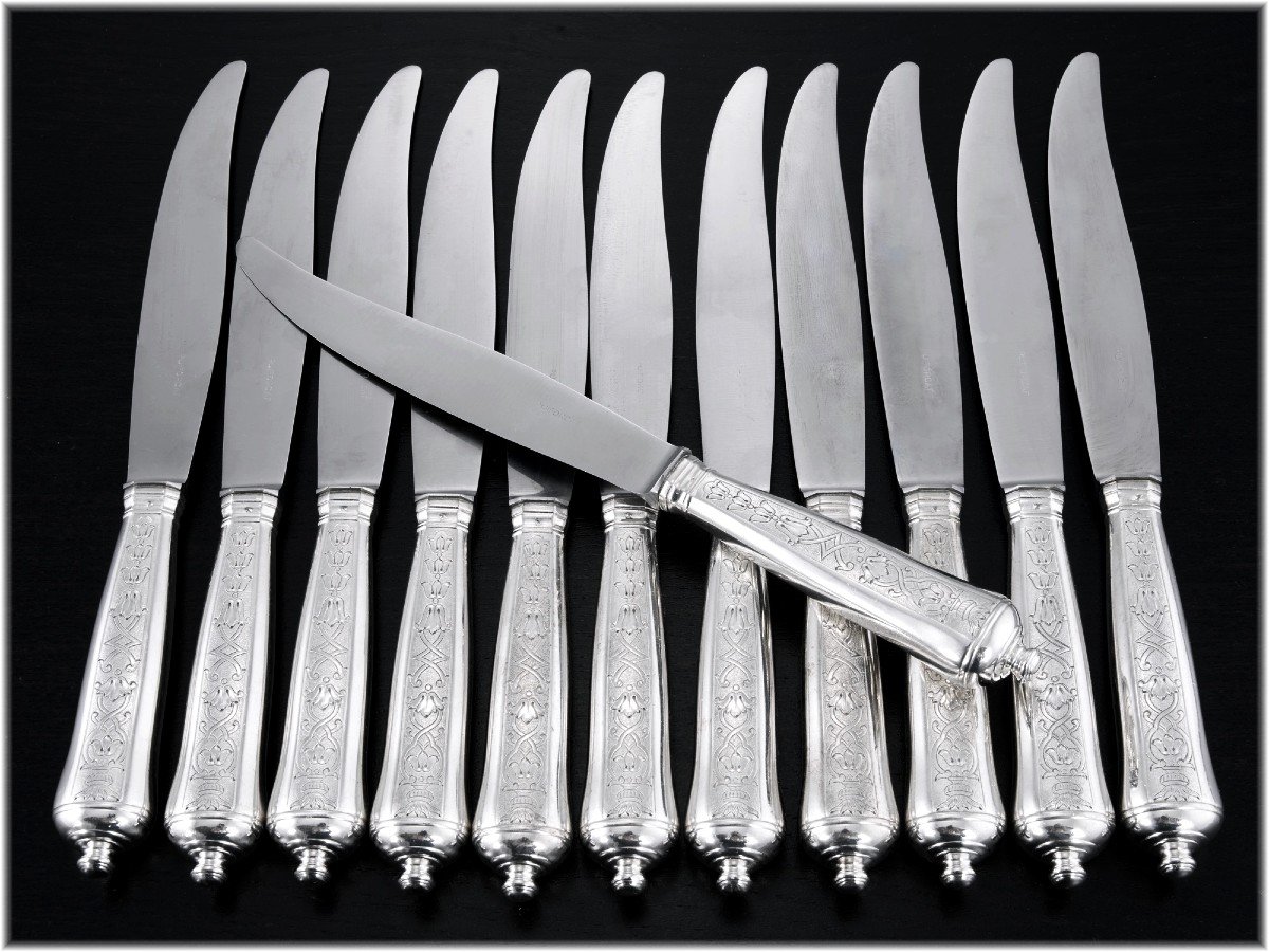 Puiforcat : Set Of 12 Regency Style Sterling Silver Dinner Knives - Soubise Pattern-photo-2