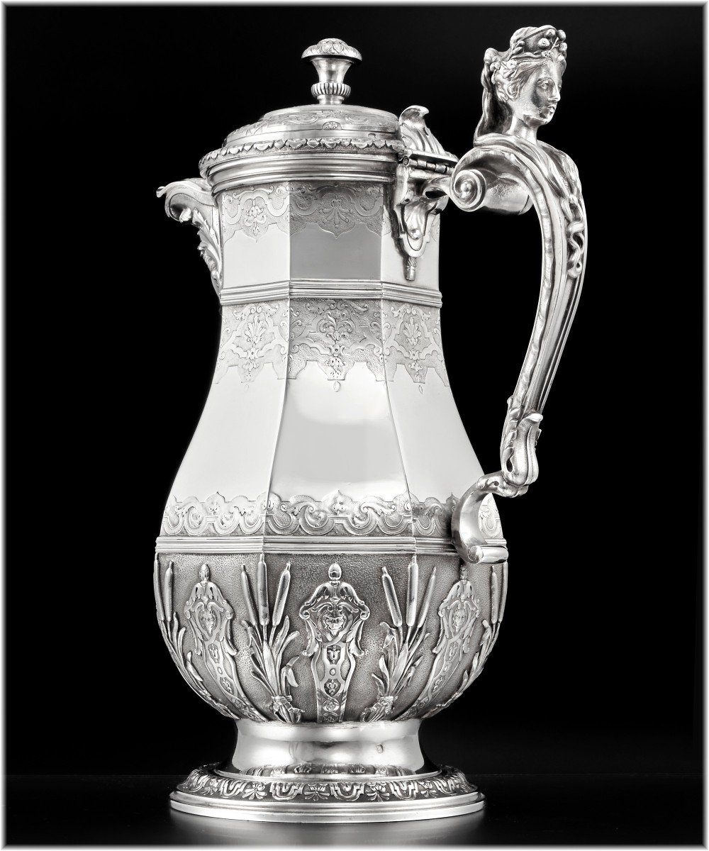 Henri Gauthier : Large Regency Style Sterling Silver Ewer / Pitcher - Mascarons-photo-3