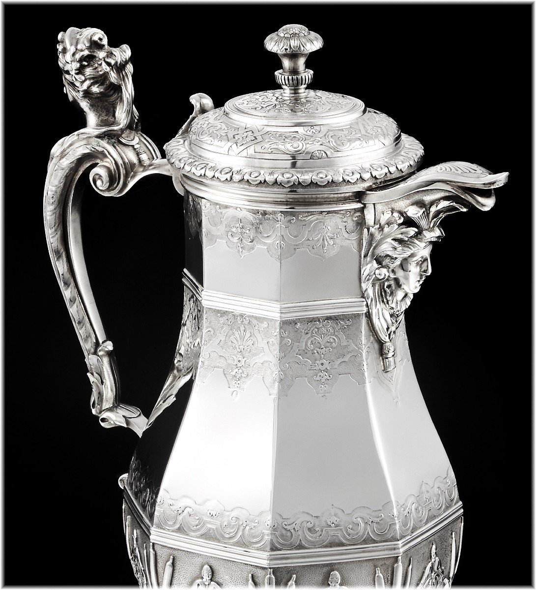 Henri Gauthier : Large Regency Style Sterling Silver Ewer / Pitcher - Mascarons-photo-4