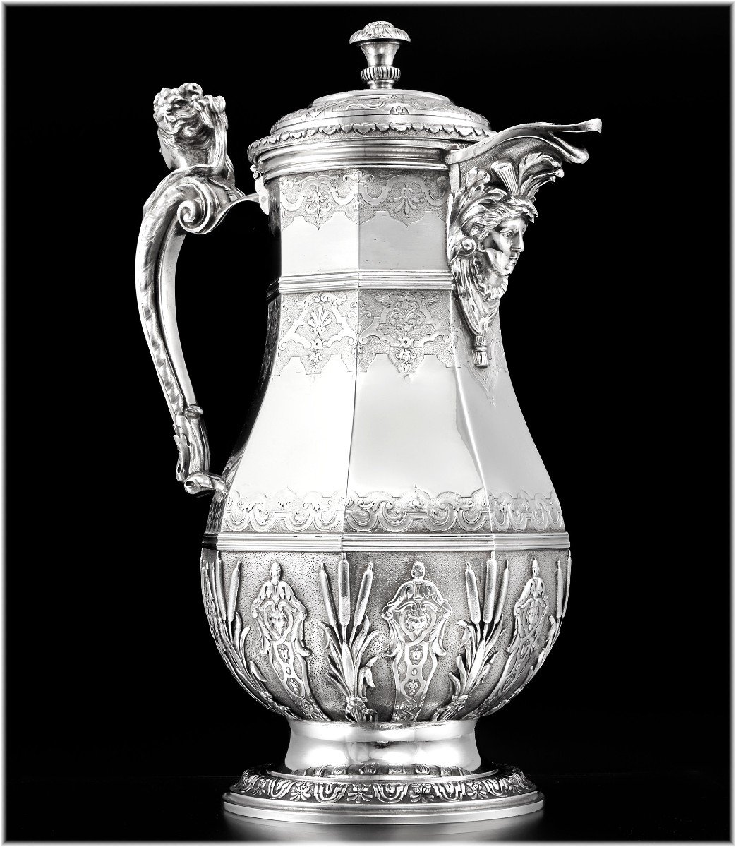 Henri Gauthier : Large Regency Style Sterling Silver Ewer / Pitcher - Mascarons-photo-6