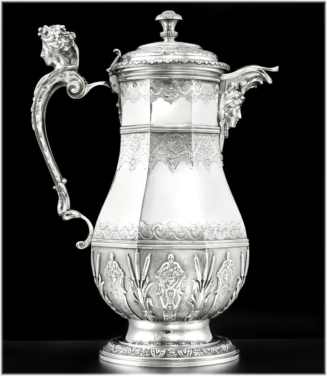 Henri Gauthier : Large Regency Style Sterling Silver Ewer / Pitcher - Mascarons