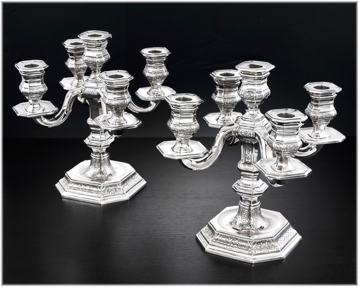 TETARD : Paire de Candélabres Argent massif de Style Régence décor à la Bérain