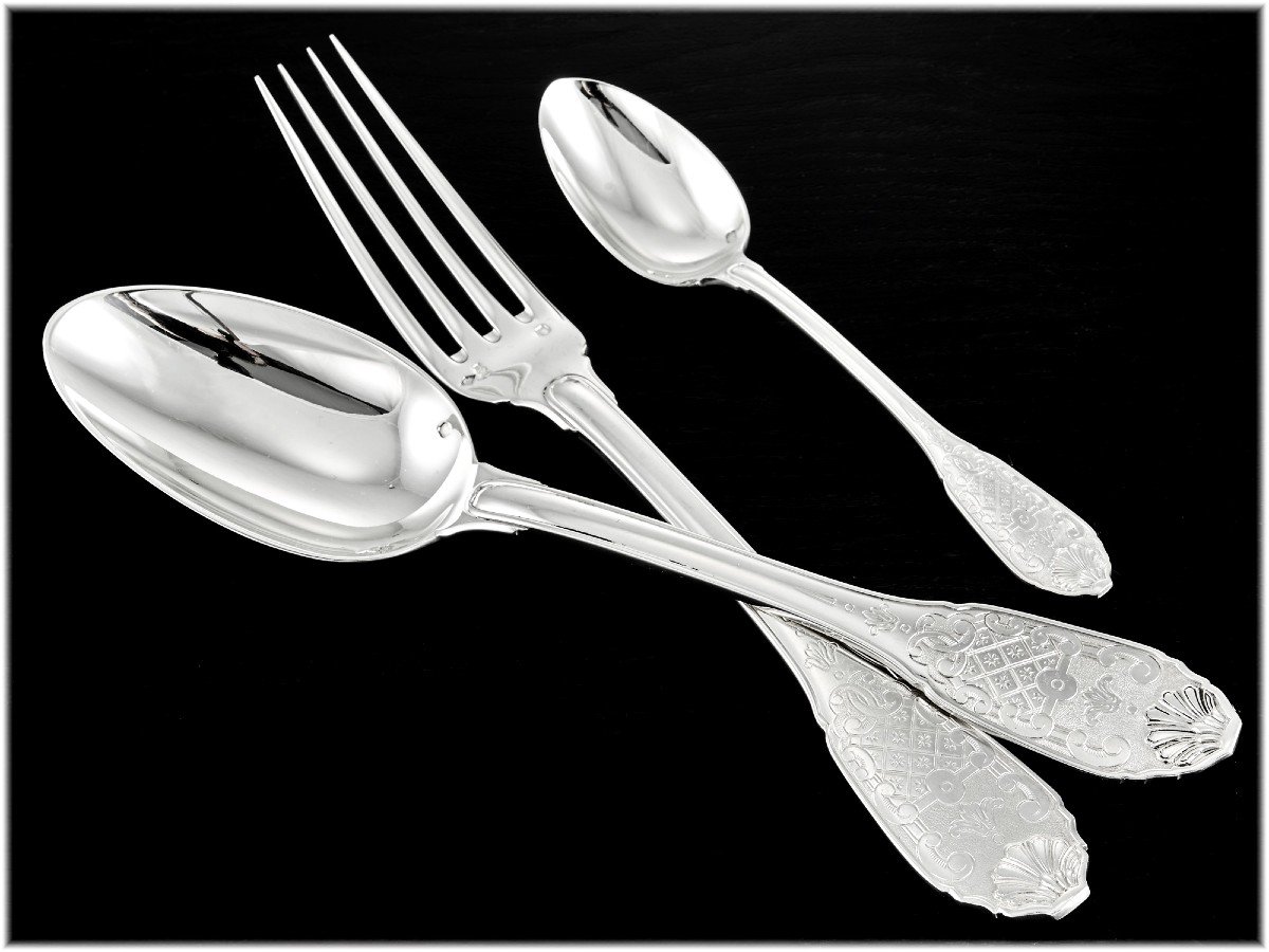 Cardeilhac Christofle: Sterling Silver Regency Style Flatware Set - Royal Cisele Pattern-photo-2