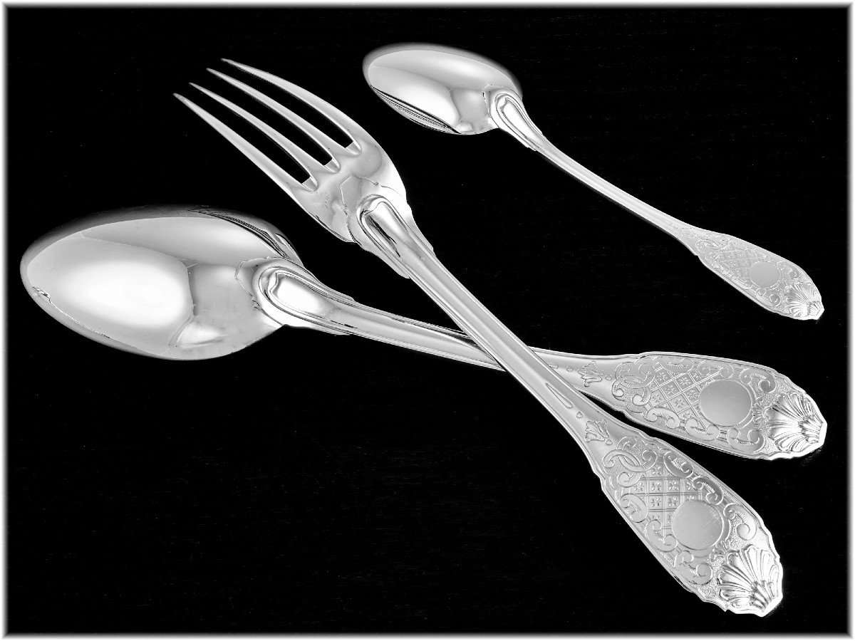 Cardeilhac Christofle: Sterling Silver Regency Style Flatware Set - Royal Cisele Pattern-photo-5