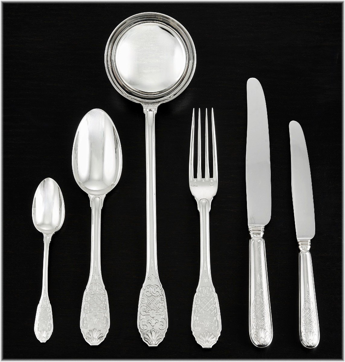 Cardeilhac Christofle: Sterling Silver Regency Style Flatware Set - Royal Cisele Pattern-photo-6