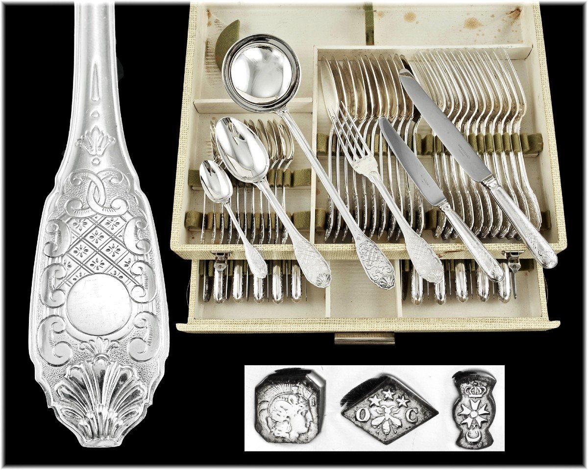 Cardeilhac Christofle: Sterling Silver Regency Style Flatware Set - Royal Cisele Pattern