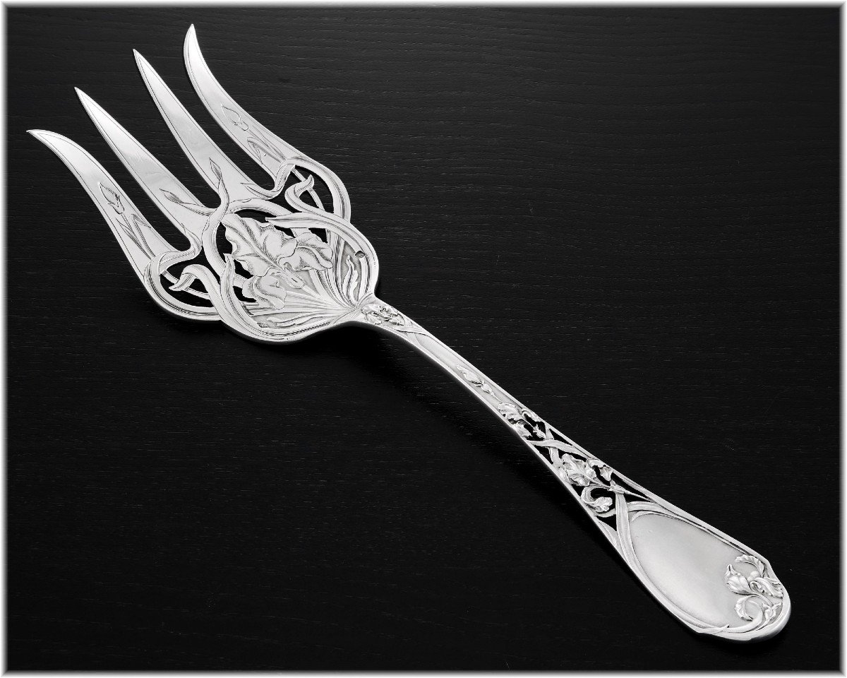 Puiforcat : Large Sterling Silver Art Nouveau Fish Serving Fork Pierced Iris Pattern-photo-2