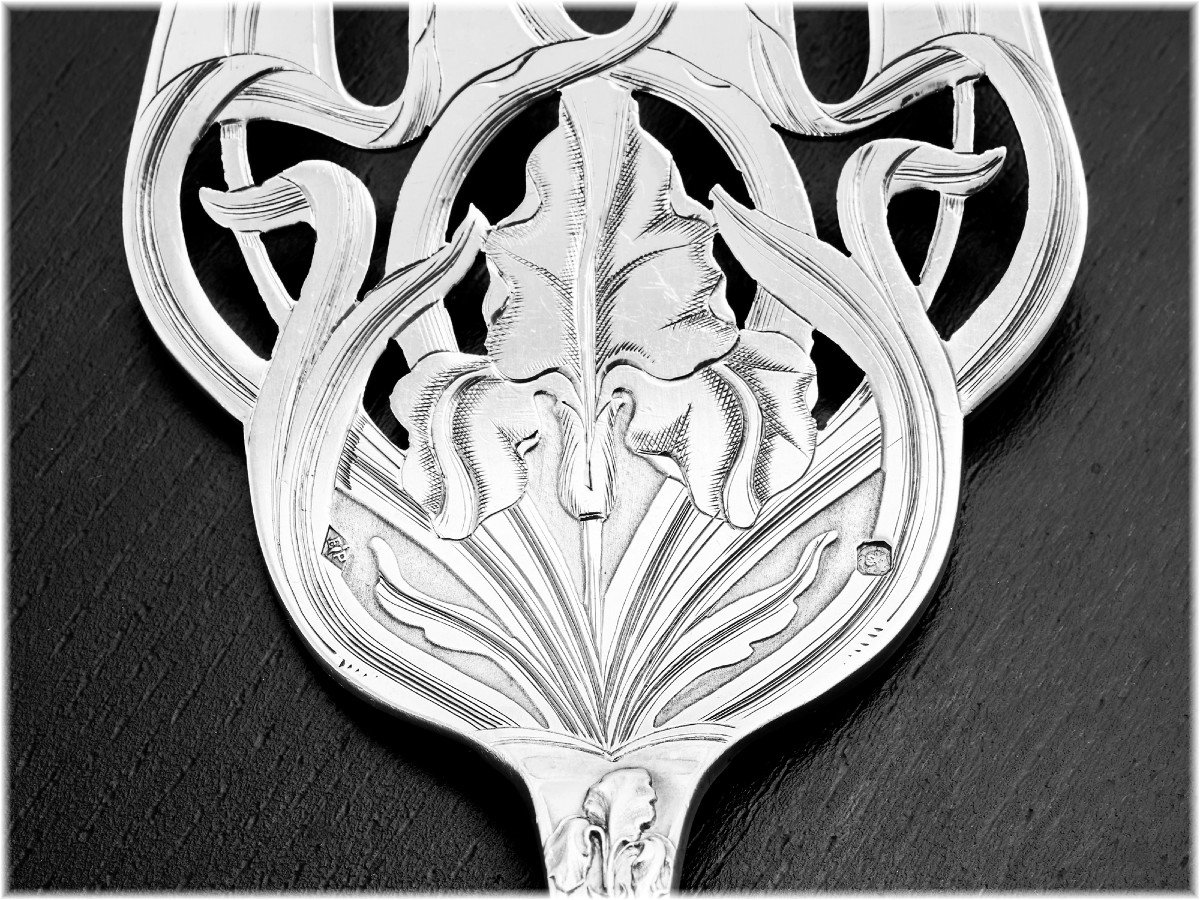 Puiforcat : Large Sterling Silver Art Nouveau Fish Serving Fork Pierced Iris Pattern-photo-3