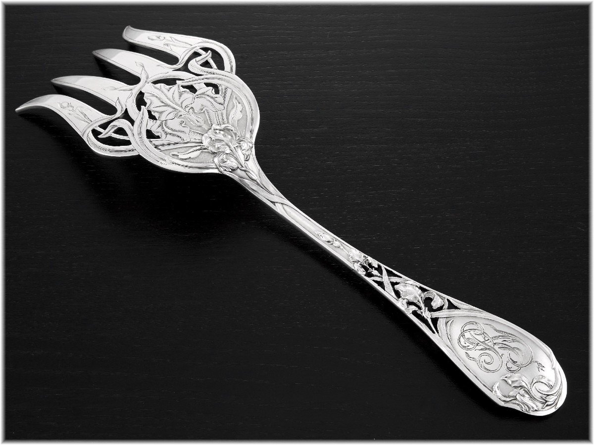 Puiforcat : Large Sterling Silver Art Nouveau Fish Serving Fork Pierced Iris Pattern-photo-4