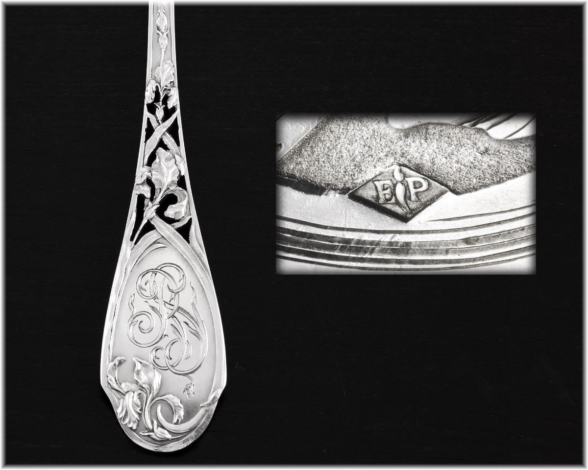 Puiforcat : Large Sterling Silver Art Nouveau Fish Serving Fork Pierced Iris Pattern-photo-1