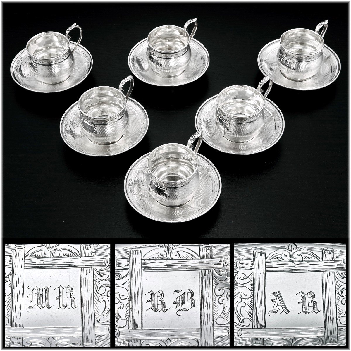 Lavallee : Antique  Set Of 6 Napoleon III Era Sterling Silver Cups And Saucers - Original Box-photo-3