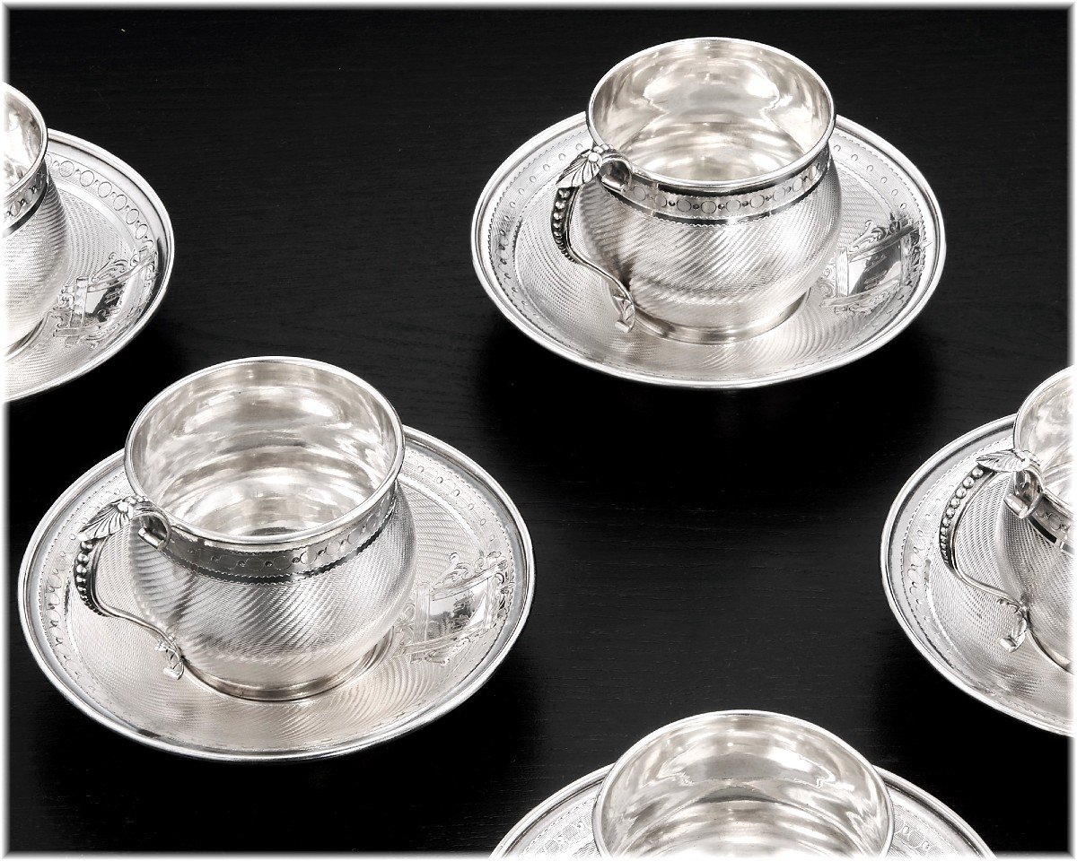 Lavallee : Antique  Set Of 6 Napoleon III Era Sterling Silver Cups And Saucers - Original Box-photo-1