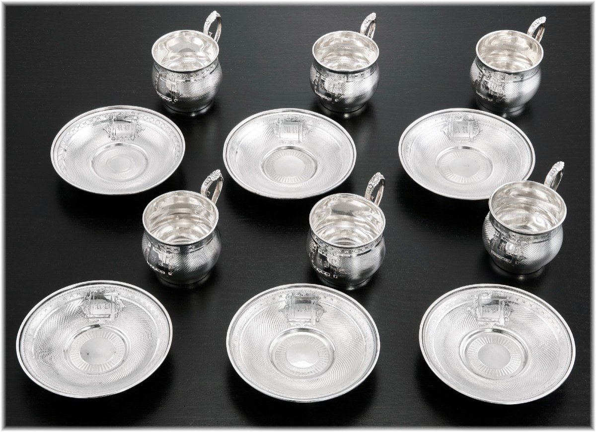 Lavallee : Antique  Set Of 6 Napoleon III Era Sterling Silver Cups And Saucers - Original Box-photo-2