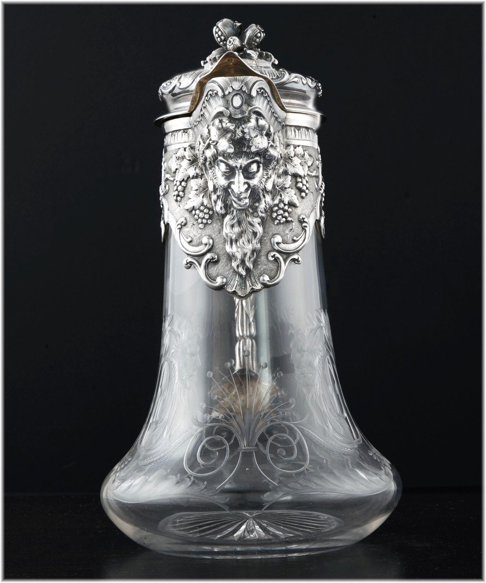 Georges Boin: Large Ewer / Claret Jug In Sterling Silver & Vermeil Crystal - Mascarons-photo-2